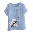 thumbnail image 4 of Lydiaunistar Women's Spring Tops Plus Size Casual Linen Round Neck Short Sleeve Printed Button Blouse Shirt Lightweight Comfy for Work Vacation Light Blue, 4 of 4