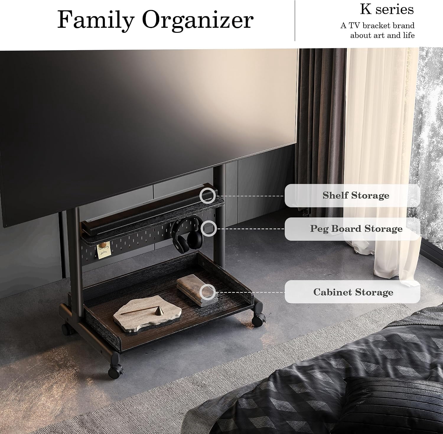 FITUEYES Rolling TV Stand for 40–85 Inch TVs, Black, Wood Shelf & Pegboard