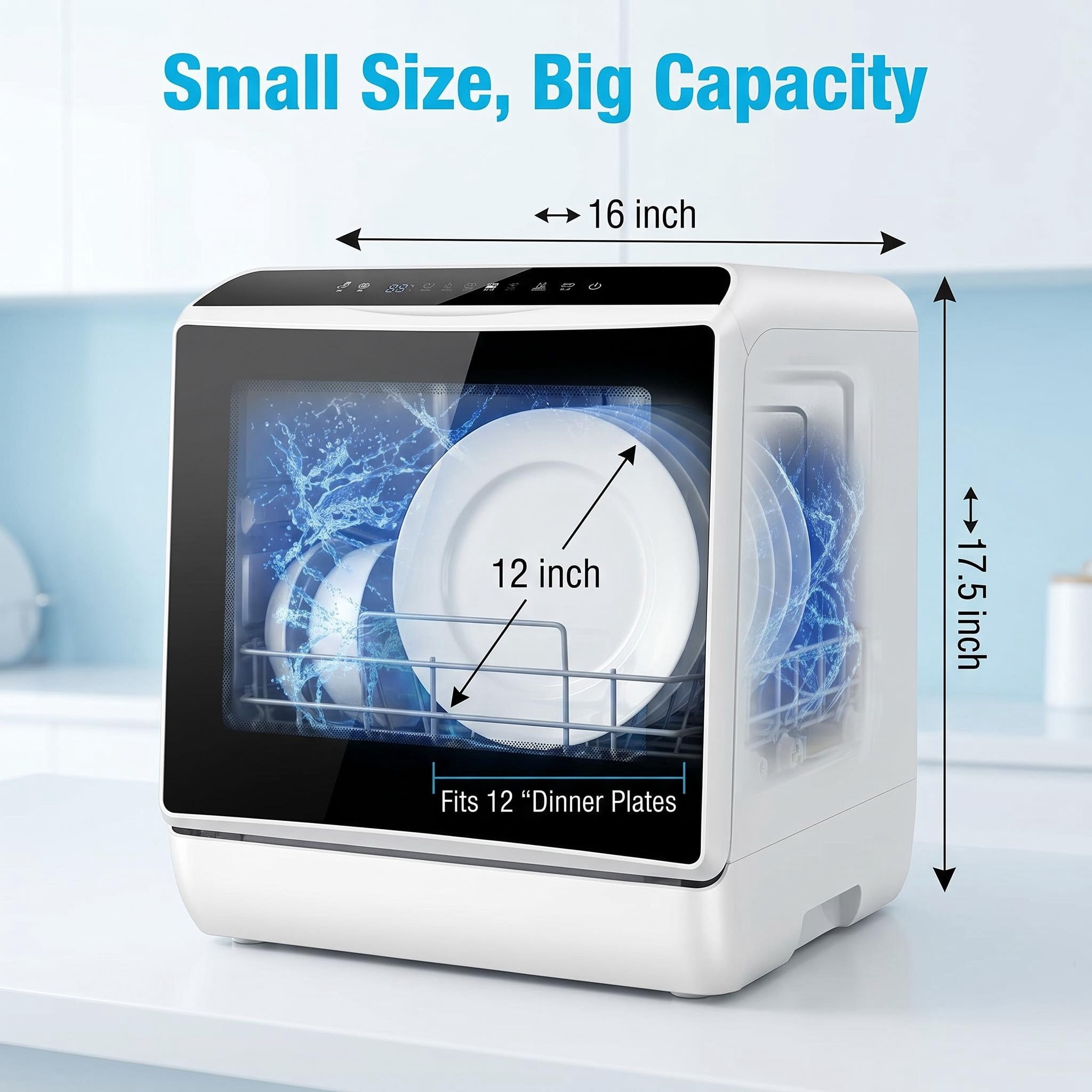 FUNGQI 16 Inch Portable Countertop Dishwasher with Built-in Water Tank, 30dB Ultra-Quiet Mini Tabletop Washer with LED Light, Dual Spray Arms, 6 Programs for Large 12" Dishes, RV Apartments, White