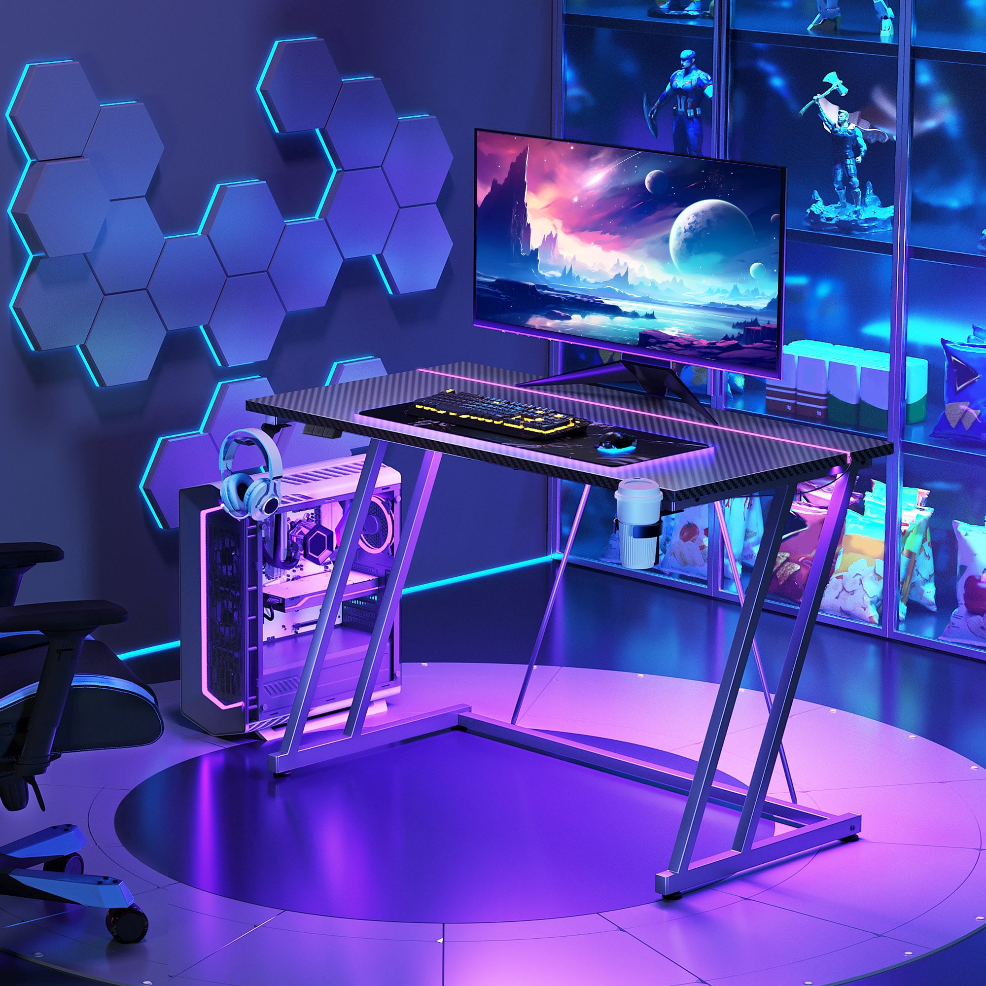 31.5 inch Gaming Desk with Z-Leg Design, Computer Desk with LED Light, Gaming Table Suitable for Small Space, Black