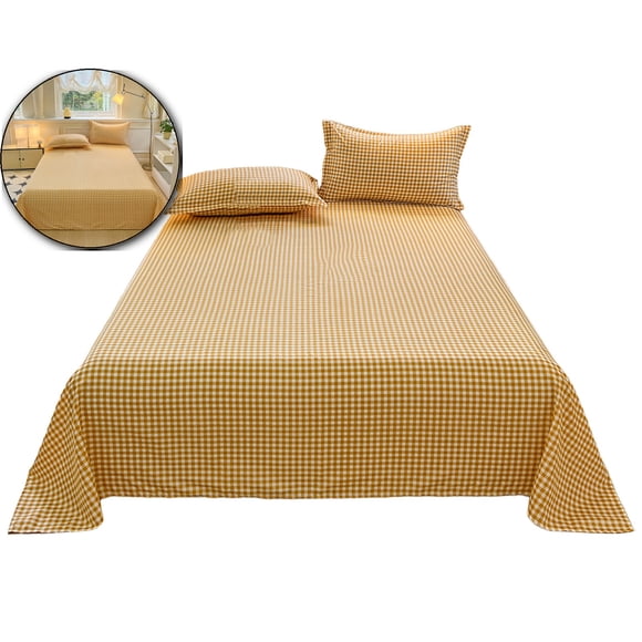 Gingham Washed Cotton 3-Piece Bedding Set – Flat Sheet & 2 Pillowcases – Solid Color Minimalist Bed Sheet Set for Bedroom, Holiday Gift