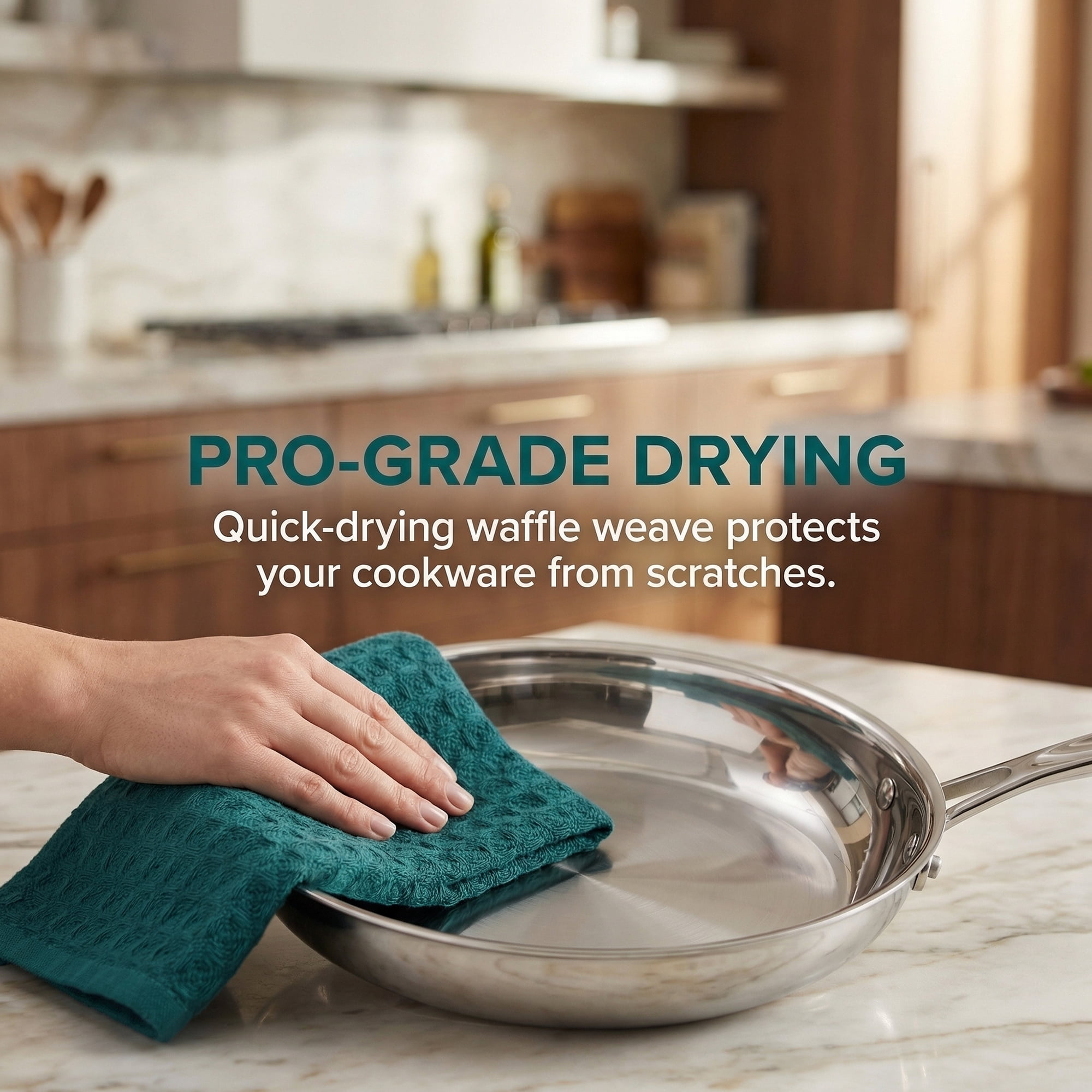 Unique Bargains 4 Pack 100% Cotton Waffle Weave Solid color Kitchen Towels Green 12" x 12"