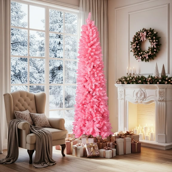 Zimtown 7.5 FT Artificial Christmas Tree,Pink Christmas Tree Pencil Xmas Tree for Holiday Party Home