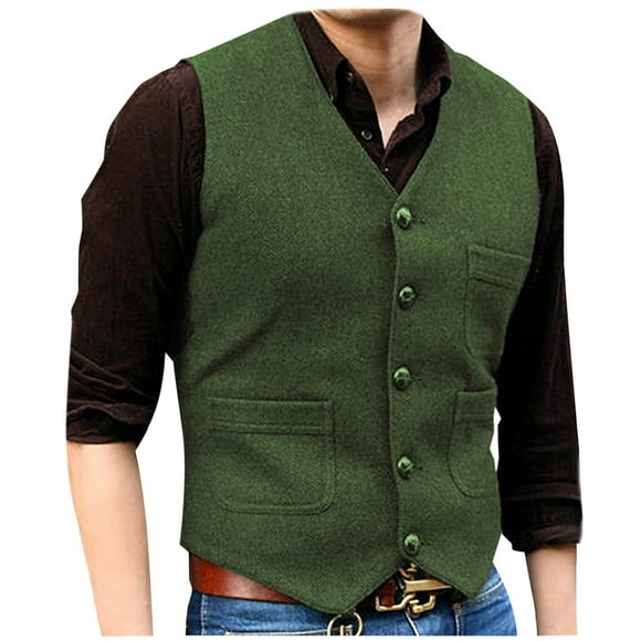 Men's Vintage Casual Vest With Belt Detail, Chest Pocket, Five Button Closure Lightweight Waistcoat For Layering, Tailored Fit