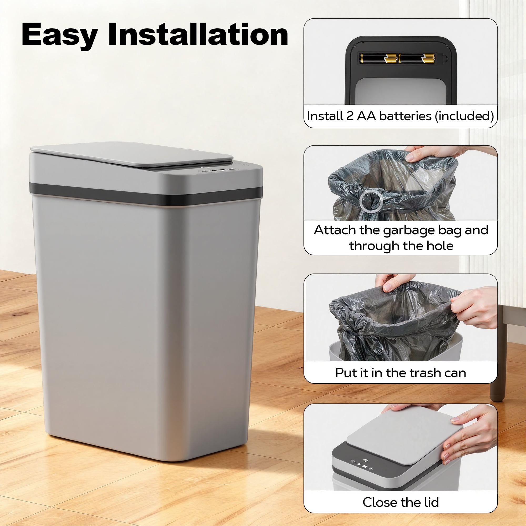 Riousery 3.5 Gallon Touchless Trash Can, 2-Pack Motion Sensor Waste Bin with Lid, Gray