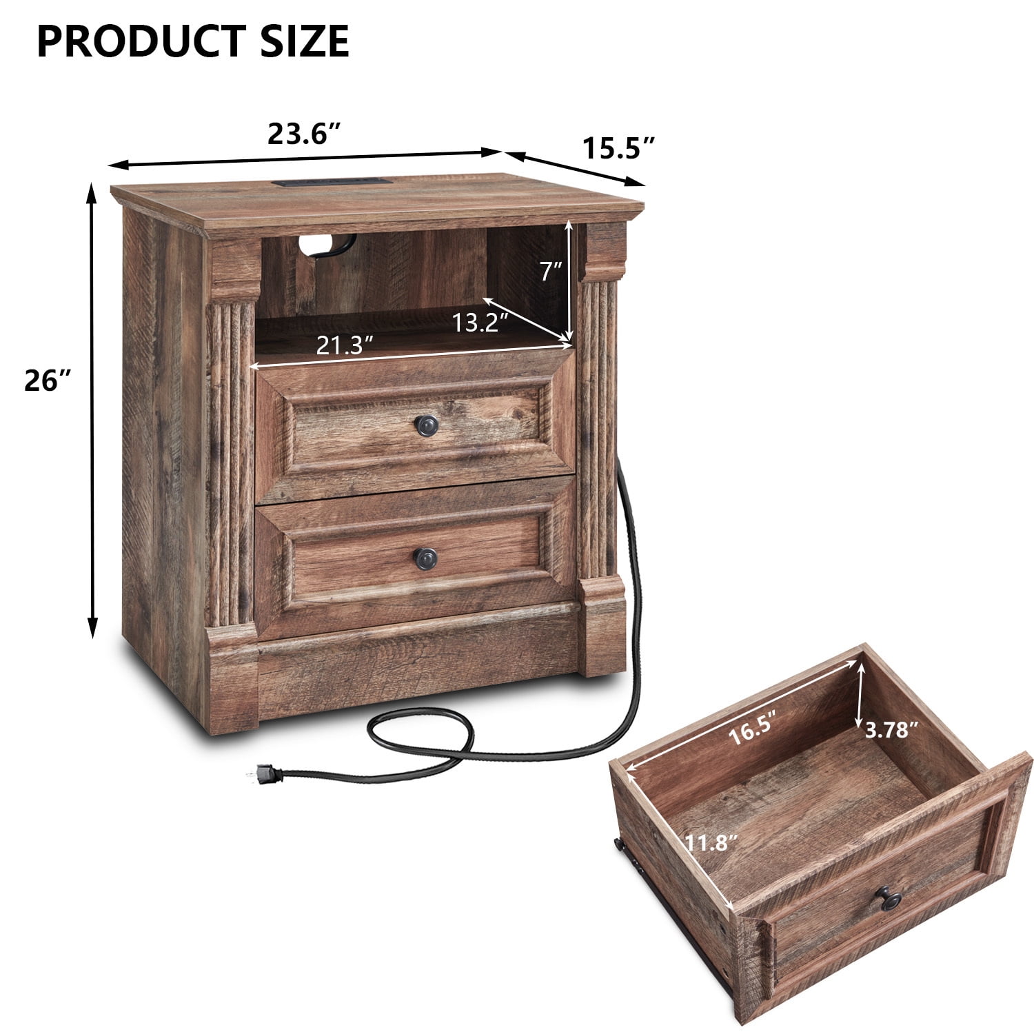 wow97e Farmhouse Nightstand, 2 Drawers End Table w/Charging Station, Roman Column, Wood Rustic Bedside Table w/Open Shlef for Bedroom