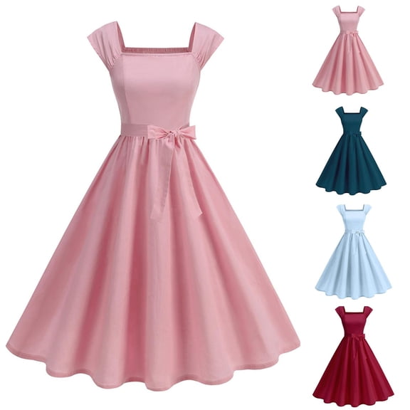 Juesizh Womens Vintage Dress Square Neckline Sleeveeless Big Puffy Midi Dress Fashion Casual Solid Color Waist Defining Designed Tea Party Dress, S-2XL