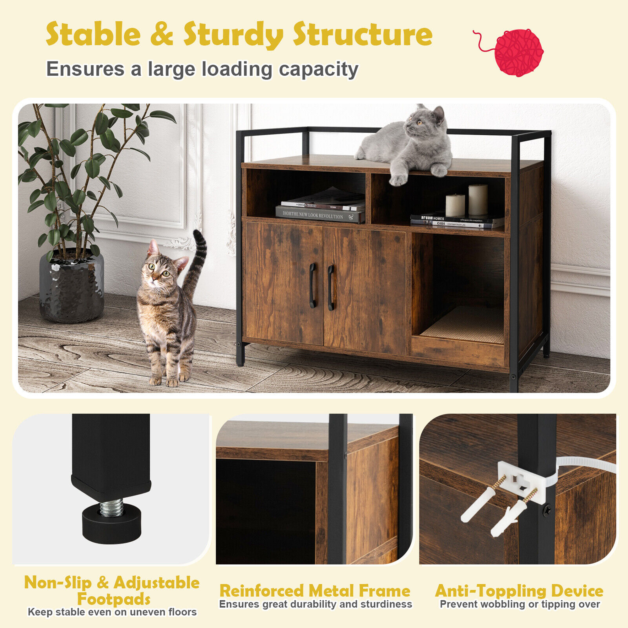 Gymax Large Litter Box Enclosure Cat Wooden Storage Cabinet with 2 Doors Coffee