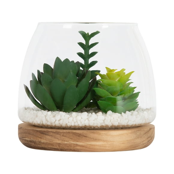 DesignOvation 5"H Tabletop Artificial Succulent Glass Terrarium on Wood Base