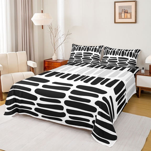 Manfei Abstract Geometric Lines Twin Sheet Sets,Vintage Striped Twin Fitted Sheet,White Black Flat Sheet For Teens,Breathable Home Decor,3 Pieces