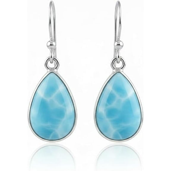 Sechi Genuine Larimar Dangle Earrings, Solid 925 Sterling Silver, Pear Shape Cabochon, Dominican Gemstone Jewelry