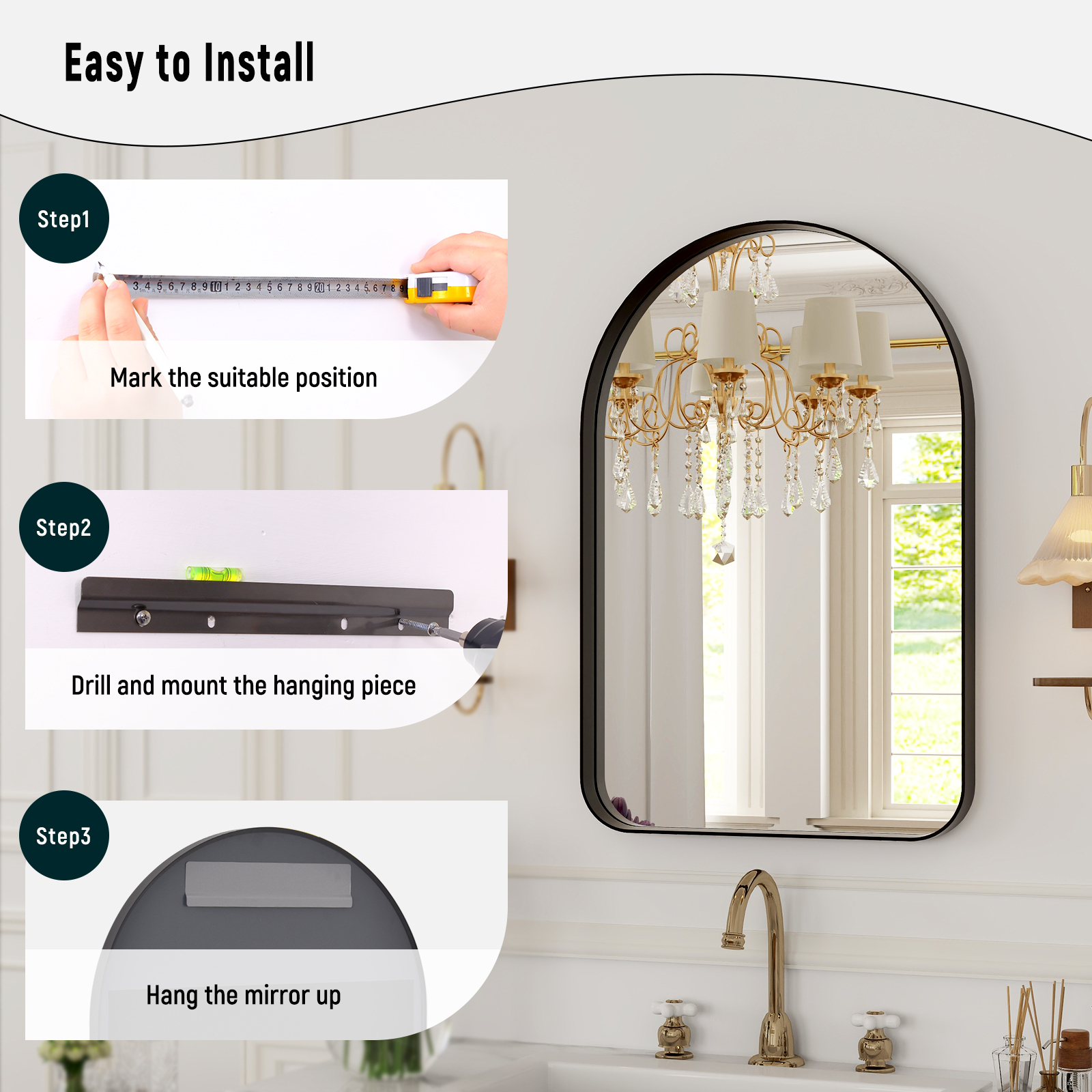Mirrasia 24"x36" Arched Bathroom Mirror Rounded Corner Wall Mirror with Metal Deep Frame, Black