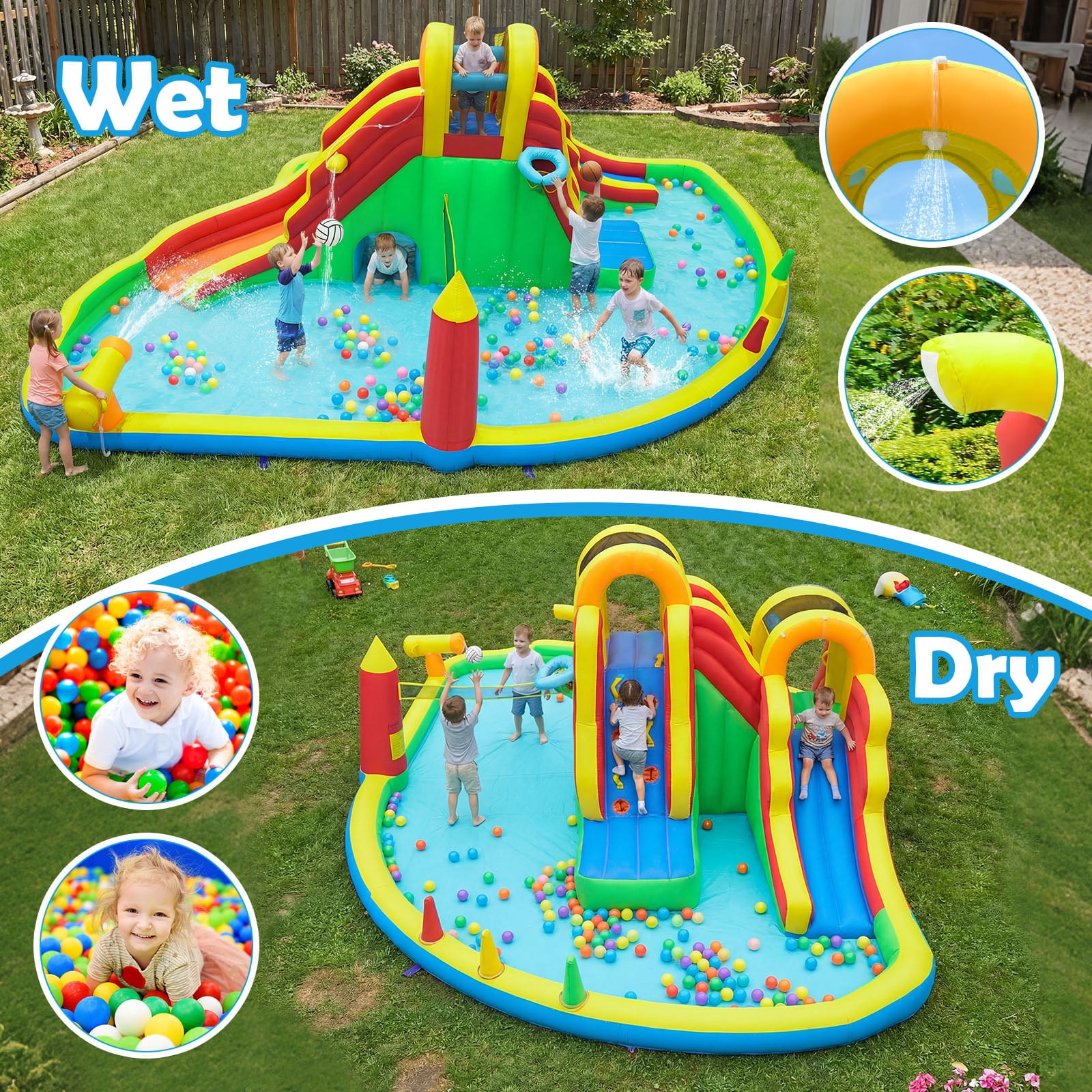 Gymax Inflatable Water Slide Park w/2 Long Slides Climbing Walls Splash Pool Blower