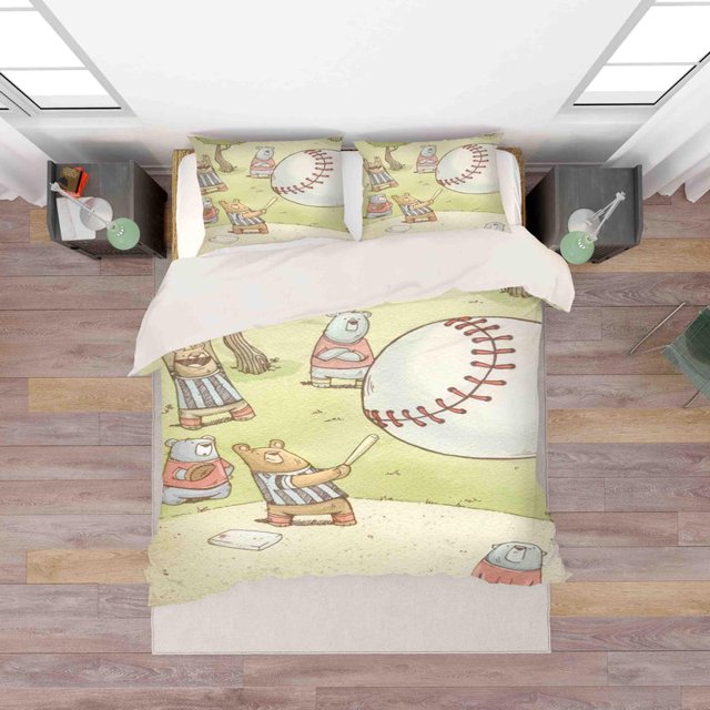 3D Cartoon Oso Béisbol Funda de edredón Set Ropa de cama Set Funda nórdica Fundas de almohada