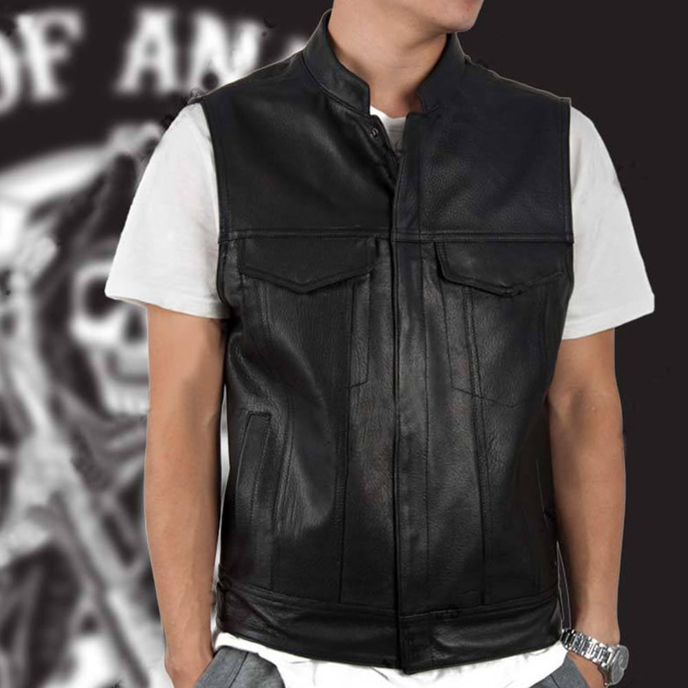 Mens Codura Biker Style Waistcoat Vest Black Real Leather Trim With Side Laces 