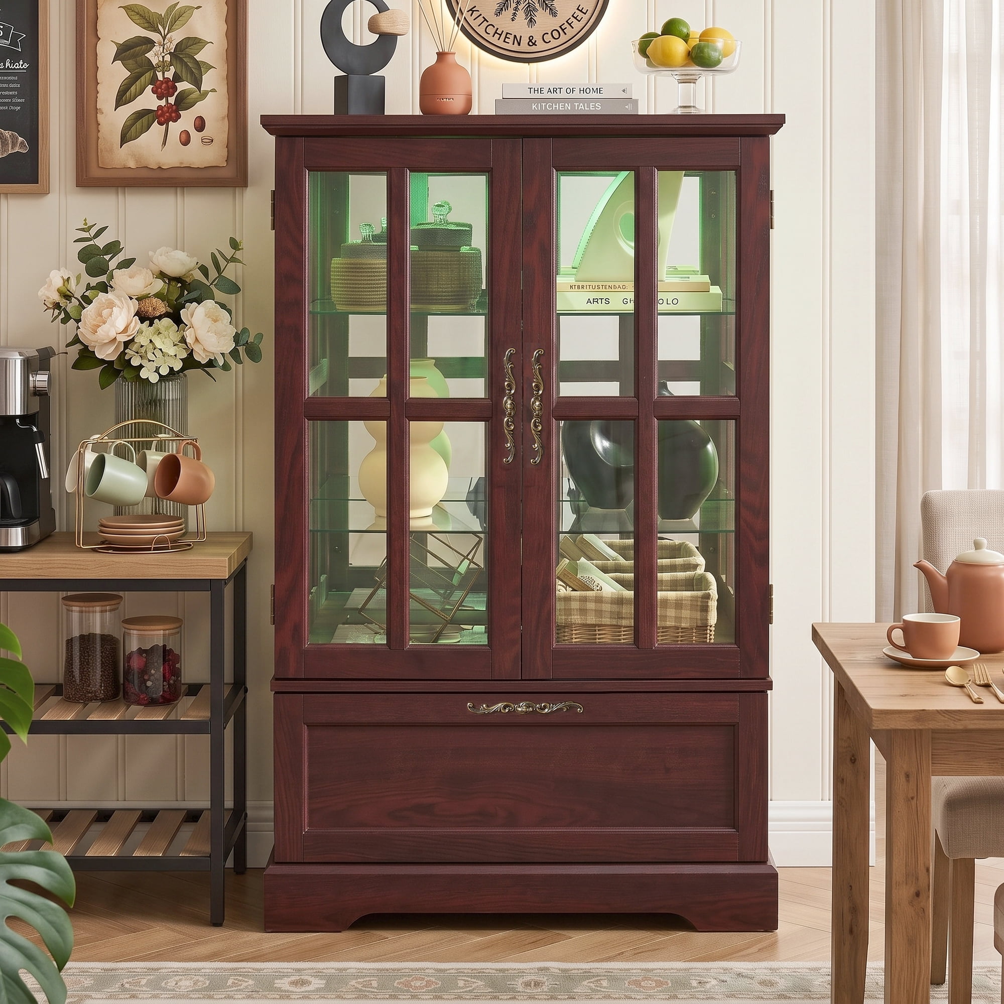 Eyisean 47" LED Wood Grain Glass Display Case, Vintage Curio Cabinet with Flip-down Drawer, Freestanding Bookcase with 2 Adjustable Shelves & Metal Handle, China Cabinet for Kitchen, Living Room