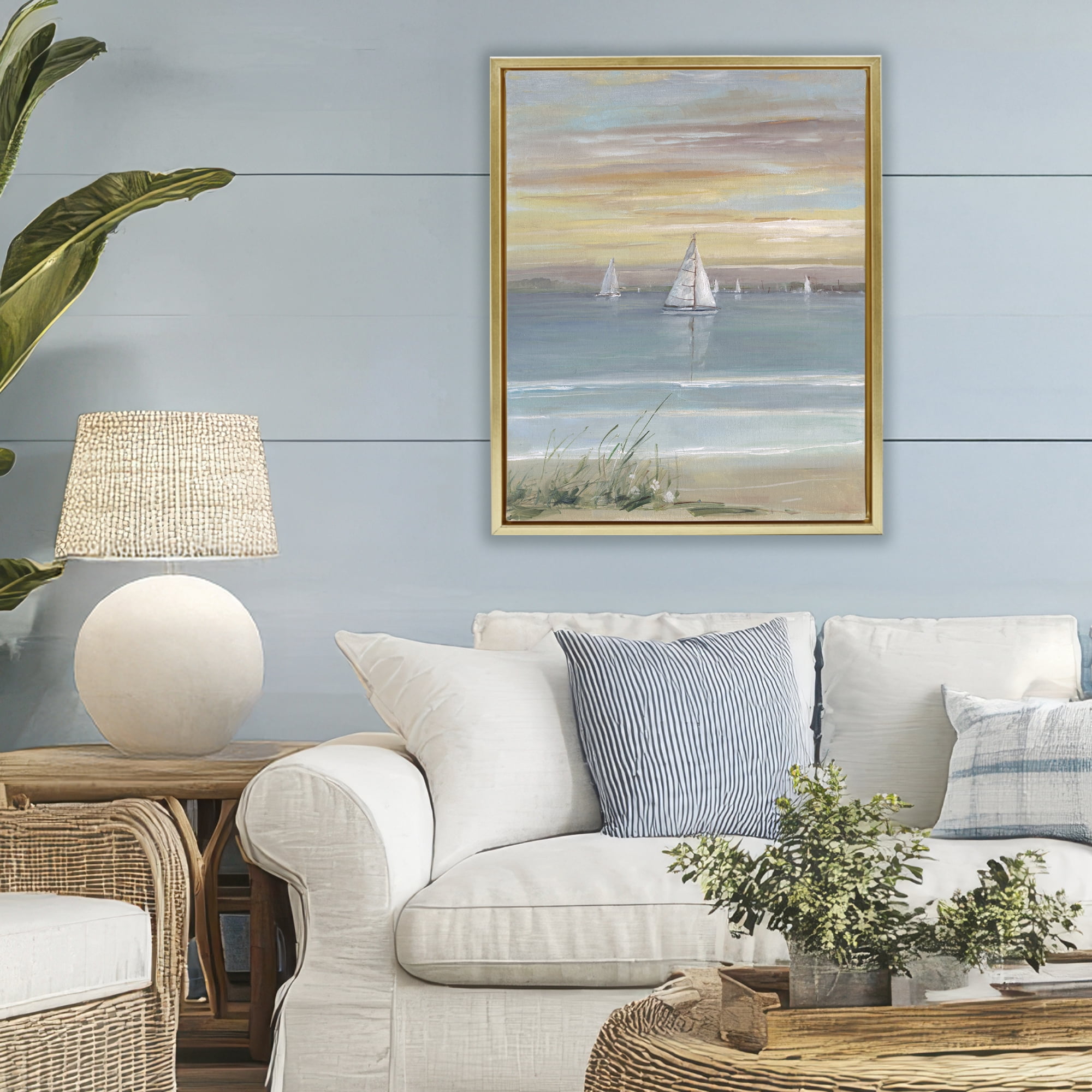 Stupell Industries Coastal Sailboats At Twilight Gold Framed Floater Canvas Wall Art, design by Sally Swatland