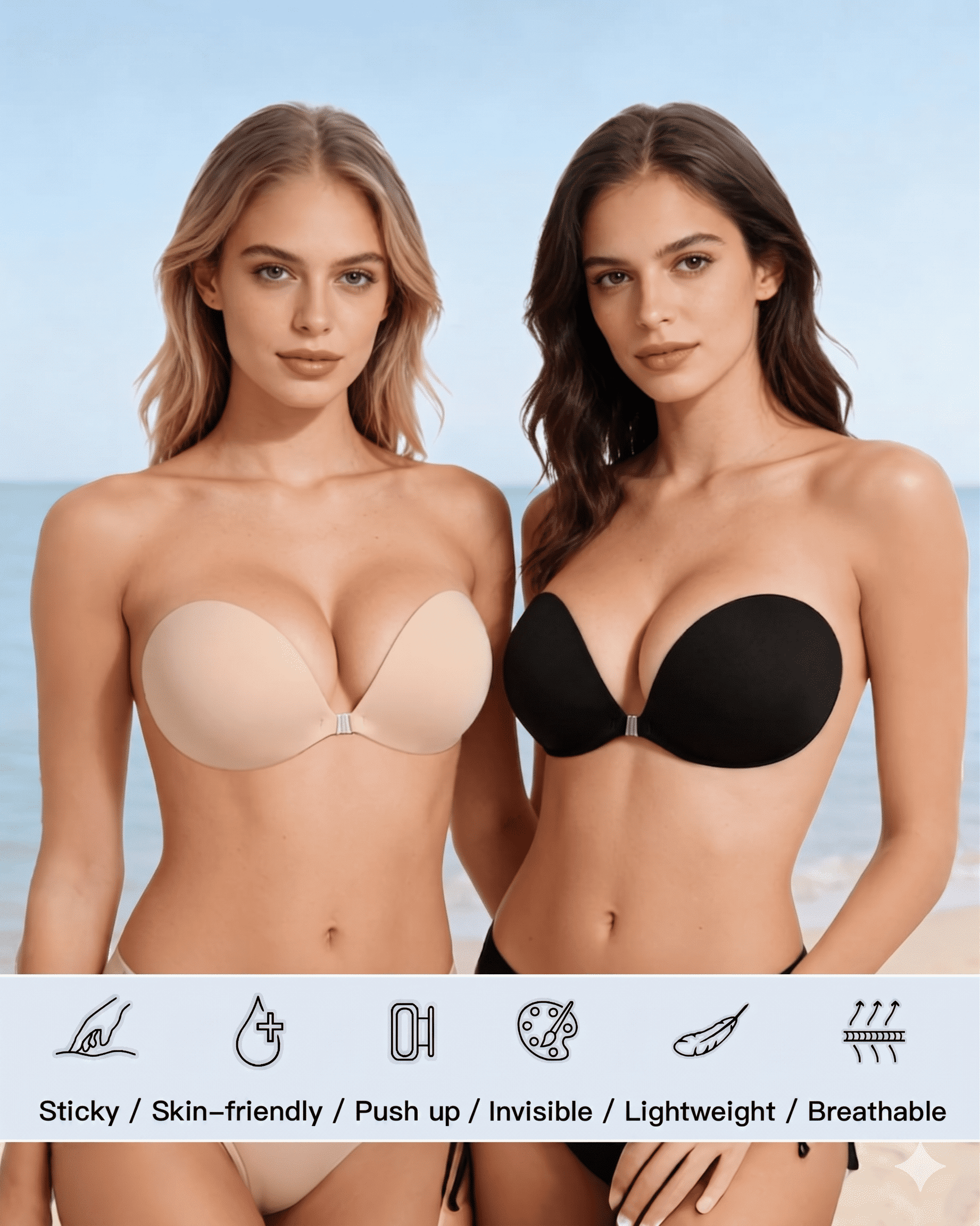 SOMER Backless Bra, Sticky Bra, Reusable Adhesive Bra, Strapless Bras for Women, Backless Strapless Bra Push Up, Adhesive Invisible Lift Up Bras 2 Pairs
