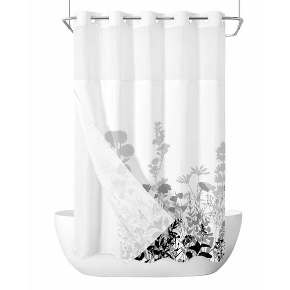 No Hook Cloth Fabric Shower Curtain with Snap in Liner, Grey Floral Rustic Waterproof Shower Curtains Set with See Through Top Window, Spring Farmhouse Botanical Floral Bath Curtains Shower 36"x72"