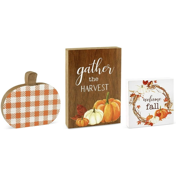 AuldHome Design Fall Wood Block Signs (Set of 3); Small Pumpkin and Harvest Shelf Signs/Wall Decor