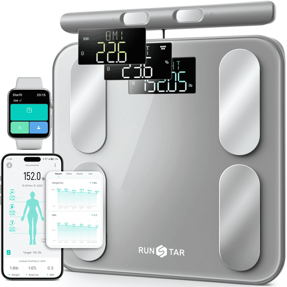 RunStar Smart Bathroom Scale for Body Weight and Fat, BMI 28 Body Metrics, 8-Electrode Digital Scale with Voice Prompt Function, 400lb, Grey