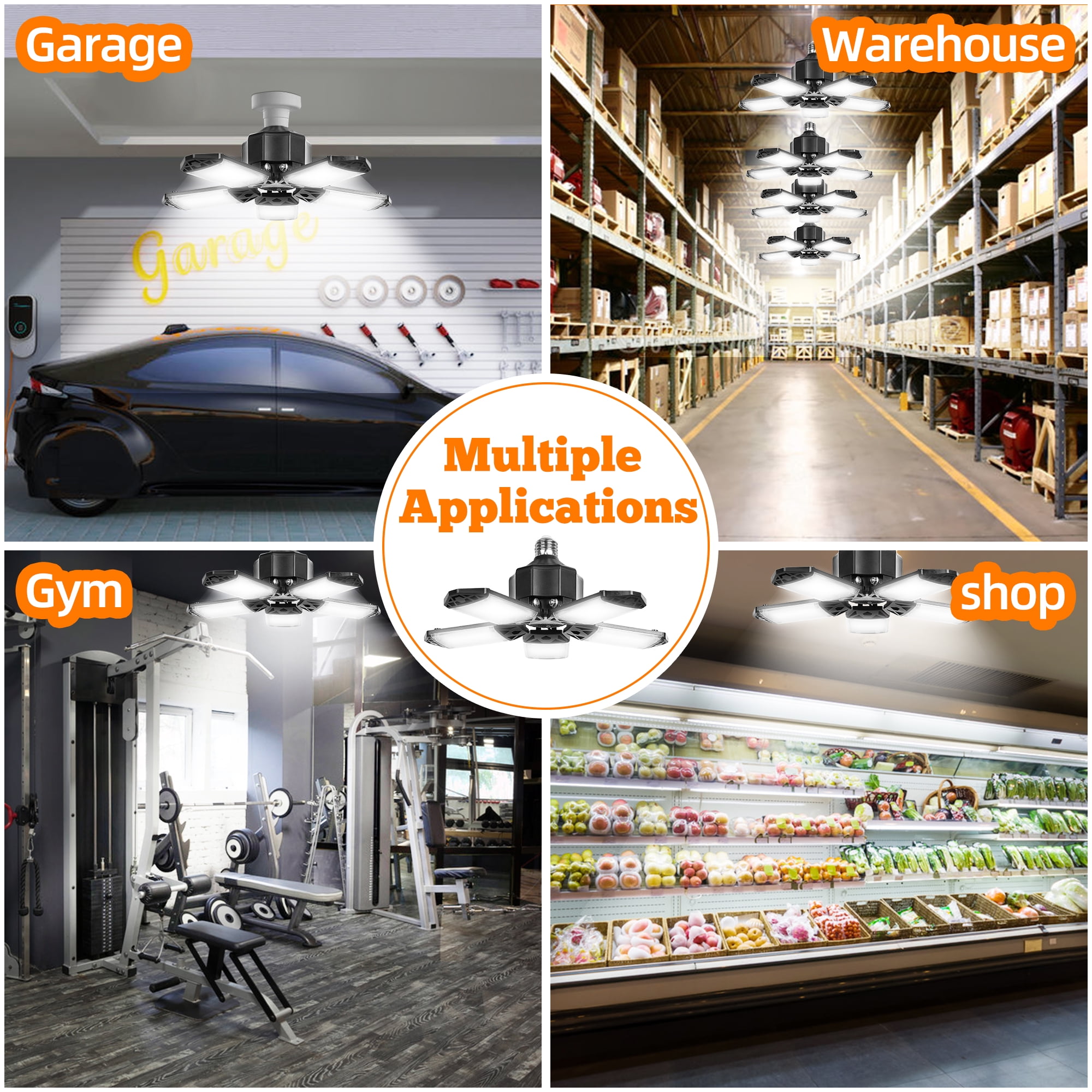 2 Pack LED Garage Lights, 160W 18000LM 6500K Deformable LED Garage Ceiling Light Shop Lights with 5 Adjustable Panels for Garage Workshop Basement Support E27 Screw Socket