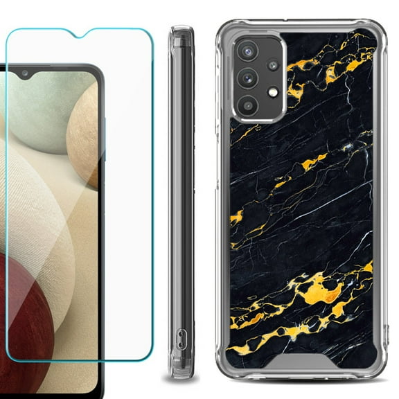 Shockproof Bumper Phone Case for Samsung Galaxy A32 5G, with Tempered Glass Screen Protector, by OneToughShield ® - Marble / Lava