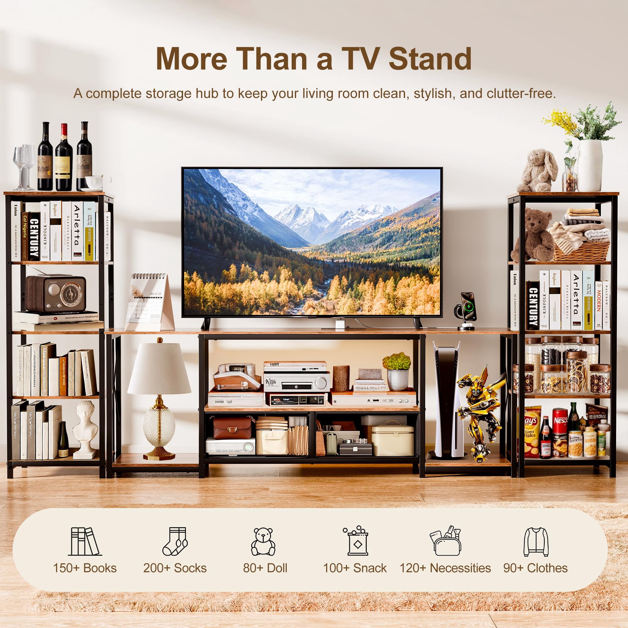 FEXIA TV Stand for TVs up to 65 Inch Entertainment Center with 2 Bookshelves Rustic Farmhouse Modern TV Console with 2 Fabric Drawers, LED Lights & Power Outlets for Living Room