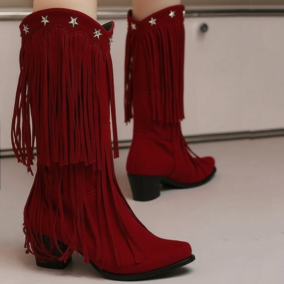 Fankiway Western Tassel Boots for Women Fashion High Heel Knee High Boots Fall Winter Trendy Cowgirl Boots Casual Comfortable Red