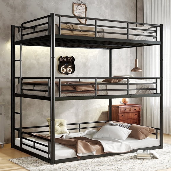 Alukang Triple Bunk Bed for Bed Room, Full over Full over Full Metal Three Bunk Bed with Ladder and Guardrail, No Box Spring Needed, Black