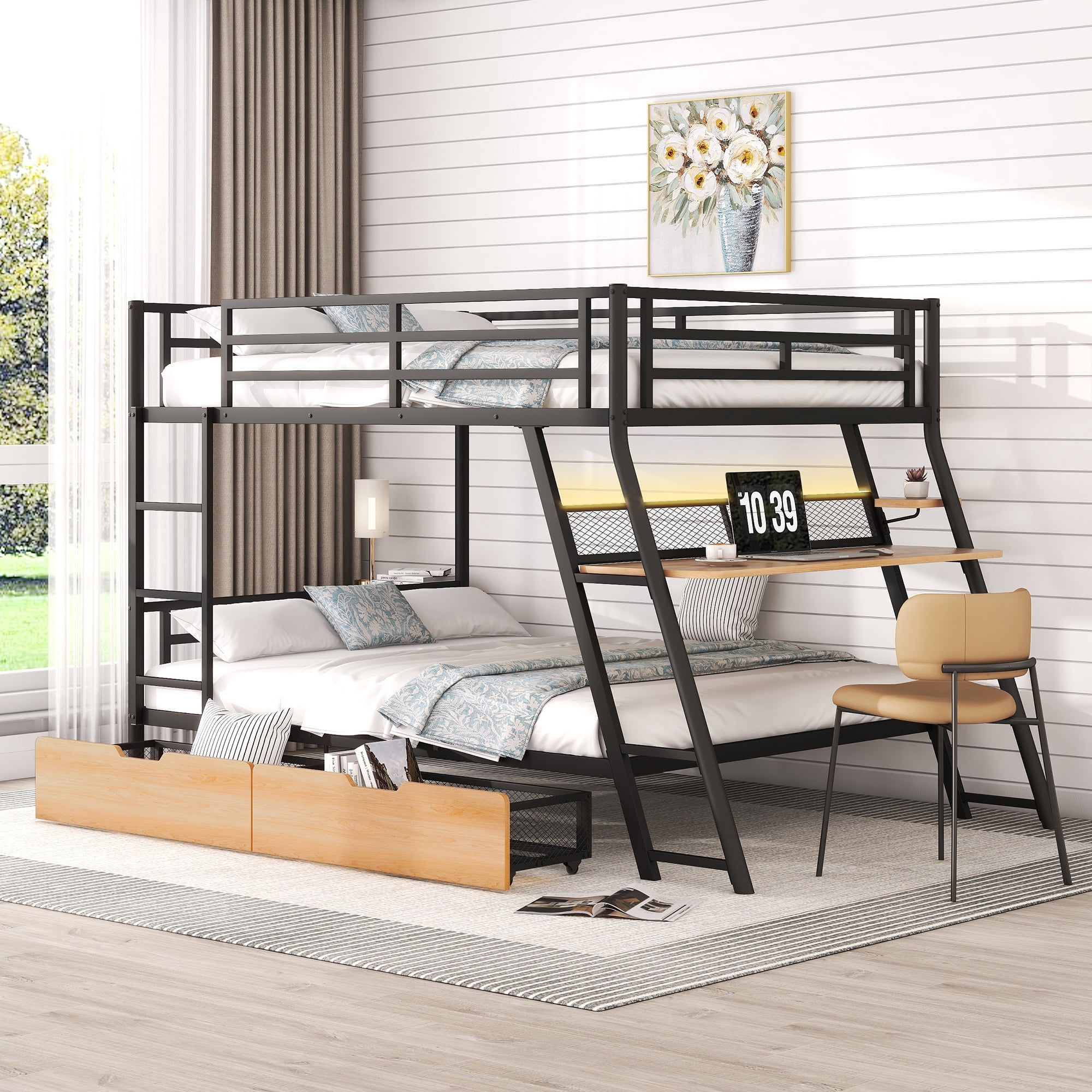 Euroco Metal Full over Full Bunk Bed with Desk and LED Light, Black