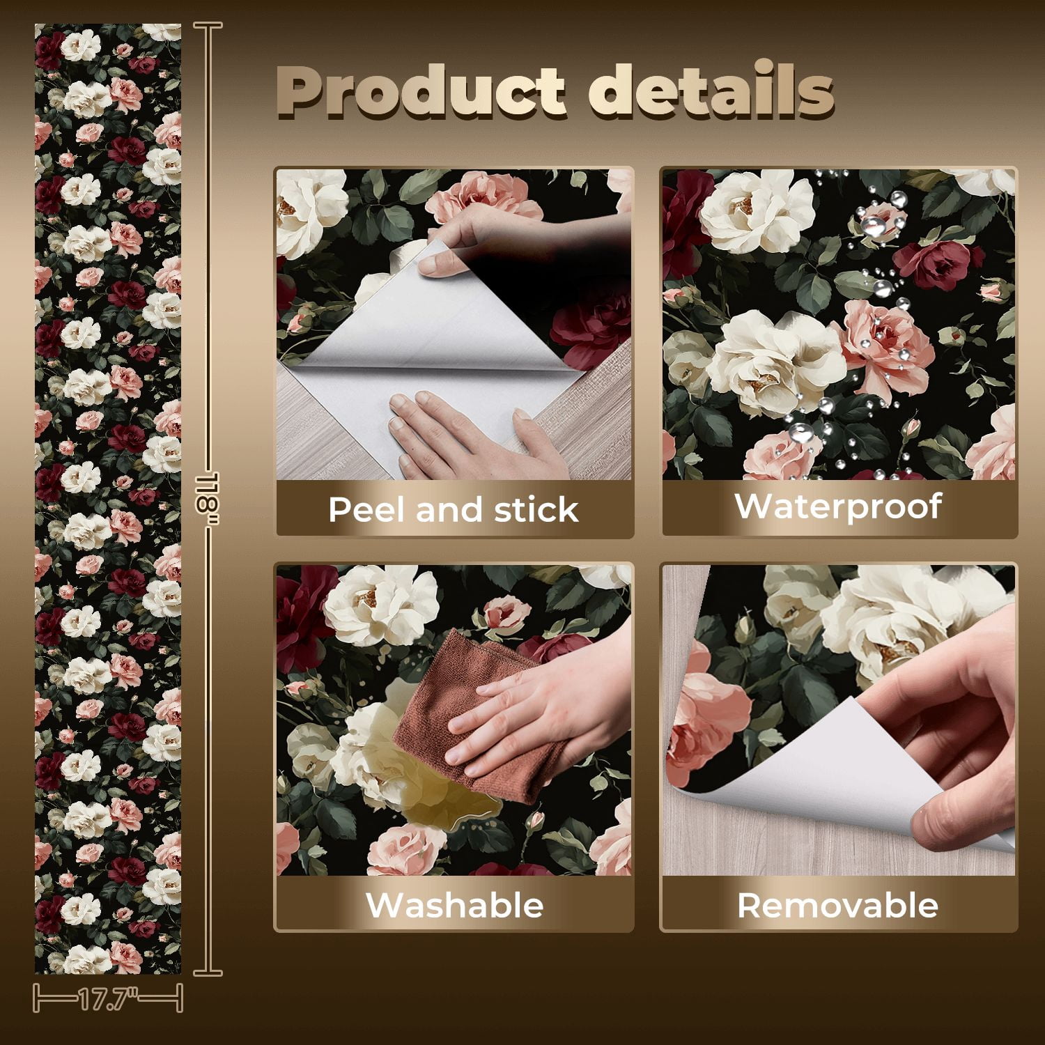 Peel and Stick Wallpaper Vintage Floral White Pink Red Roses Black Wall Mural 17.7in x 9.8ft Self Adhesive Removable Wall Paper Renter Friendly Wallpaper for Nursery Bedroom Cabinets