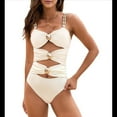 thumbnail image 2 of Traje de Baño de una Pieza para Mujer, con Corte de Color y Bloques de Color, con Aros Dorados y Ribetes. Crema M, 2 of 10