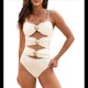 thumbnail image 2 of Traje de Baño de una Pieza para Mujer, con Corte de Color y Bloques de Color, con Aros Dorados y Ribetes. Crema L, 2 of 10
