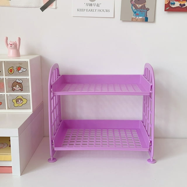 Estante de escritorio de 2 capas con barandilla lateral, plegable, apilable, de doble capa, para almacenamiento de cosméticos y papelería, color morado