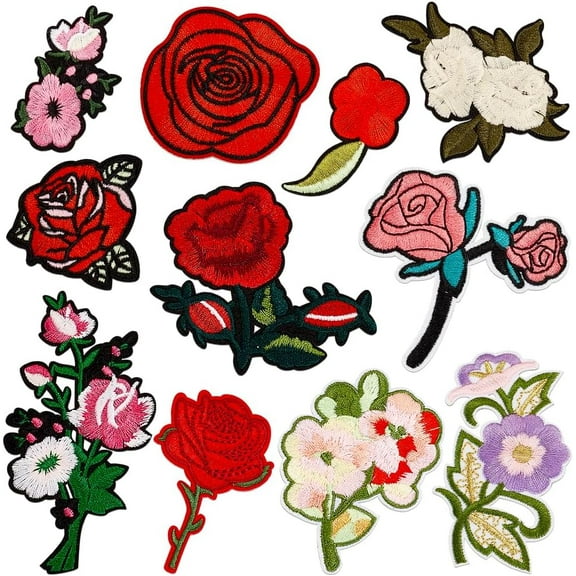 11 Pcs Rose & Plum Blossom Embroidery Applqiues Iron On Patches for Clothes Flower Embroidered Applique Patch Iron on/Sew on Applique for Jackets Jeans Bags Embroidery Garment Accessory