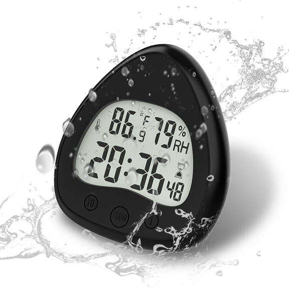 Digital Timer for Kitchen with Loud Alarm, Shower Timer Shower Clock for Bathroom, Waterproof for Water Splashes, Small Digital Wall Clock with LCD Screen, Temperature Humidity, Suction Cup,Black