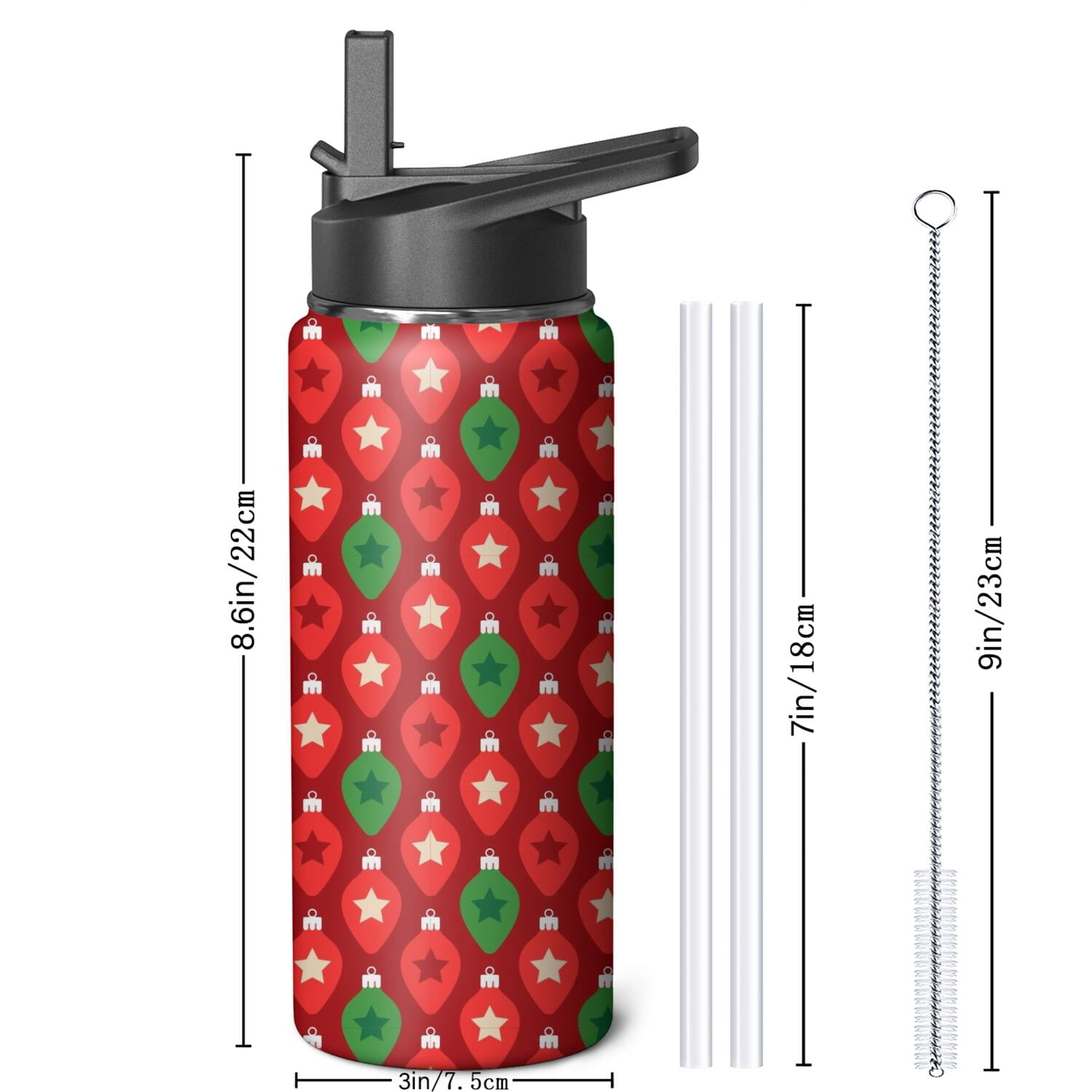 Christmas 18 oz Insulated Stainless Steel Water Bottle with Straw & Cleaning Brush , Leakproof, BPA-Free, 304 Stainless Steel, Wide Mouth, Travel Mug for Car, Gym, Office