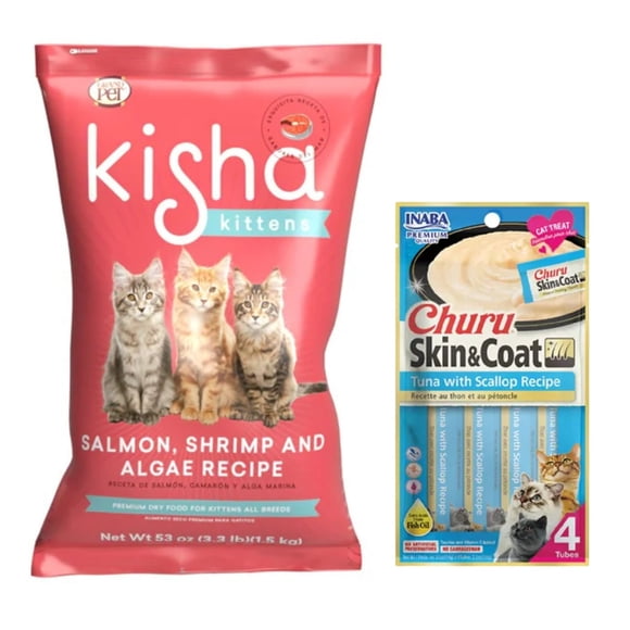 GrandPet Kisha Kittens 1.5 kg + Churu Skin&Coat Atún y Vieira Snack 4 tubos de 14g