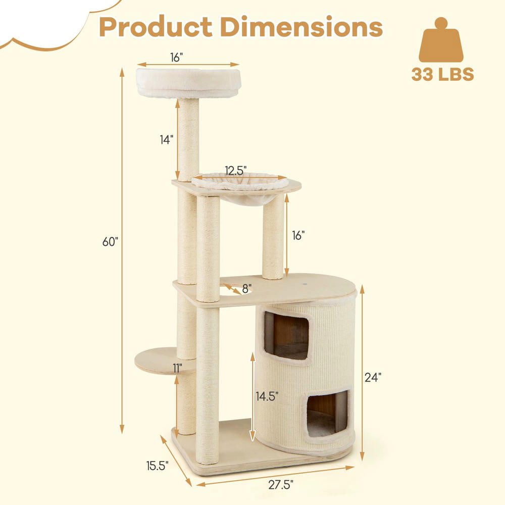 Resenkos 60-Inch Tall Cat Tree with Two-Story Condo and Sisal Scratching Posts, Natural