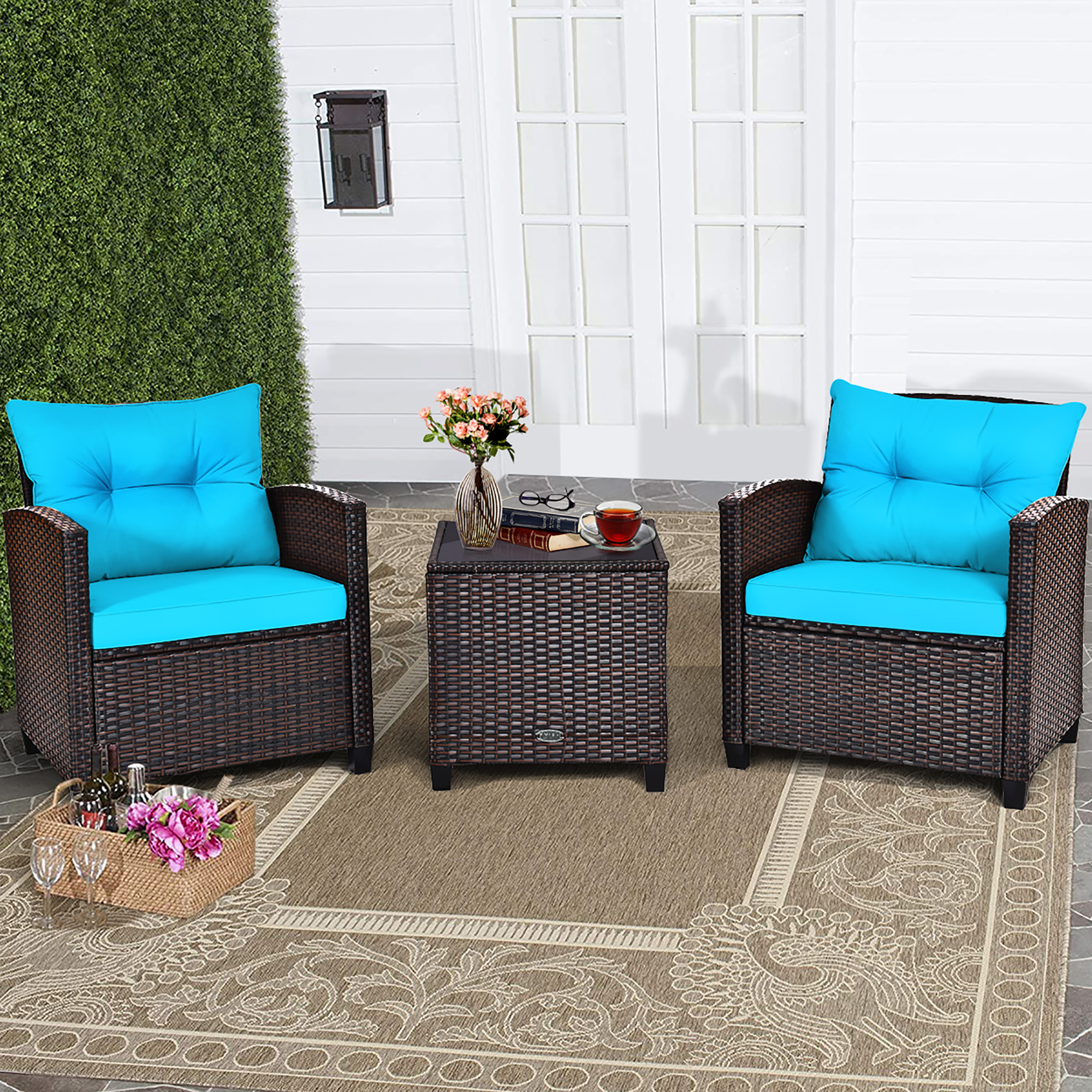 Costway 3-Piece Patio Rattan Conversation Set, Turquoise