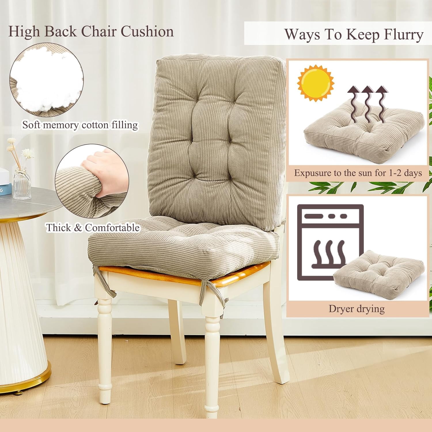 4 Set Outdoor Patio Chair Cushions Corduroy Seat High Back Tufted Pillow Replacement Rocking Patio Chair Pads for Outdoor Indoor Home Office (Beige)