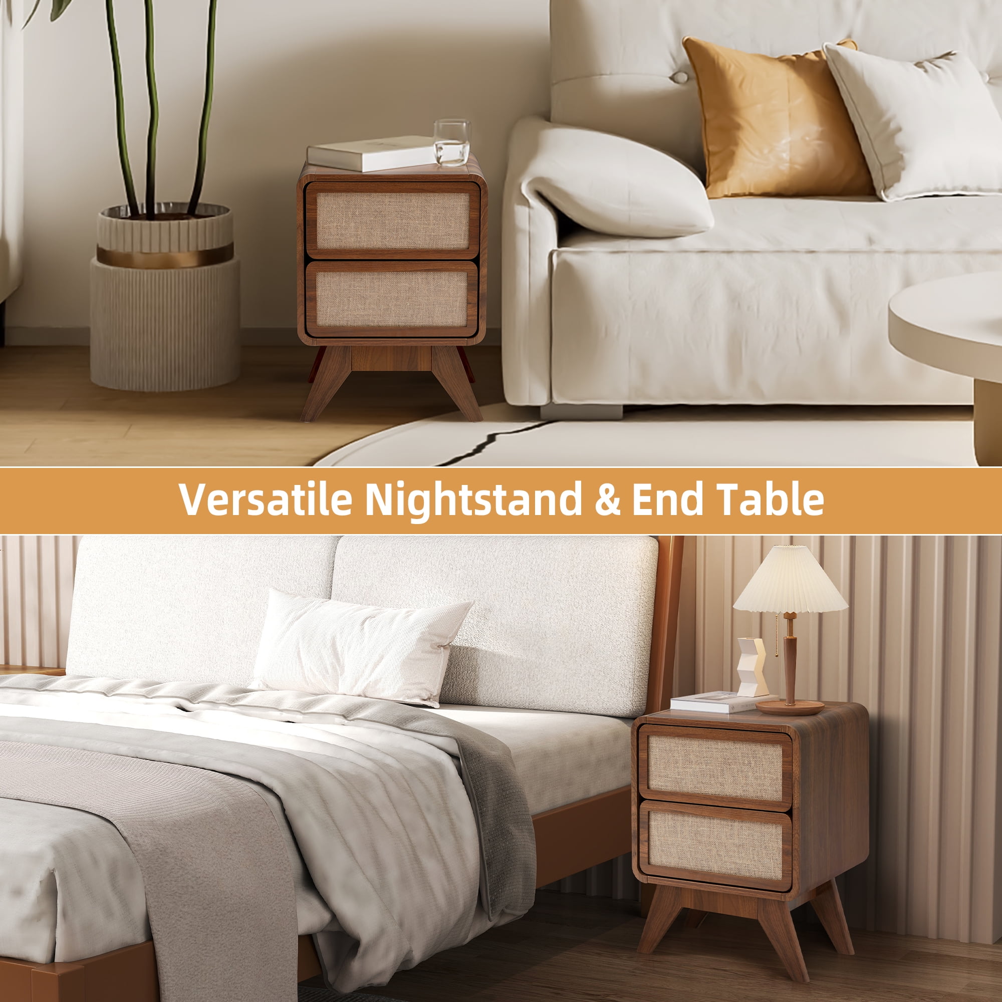 YOCWO Linen Nightstand with 2 Drawer for Bedroom, Mid Century Bedside Table with Curved Edges, Walnut, 15.75"W, 21.66"H
