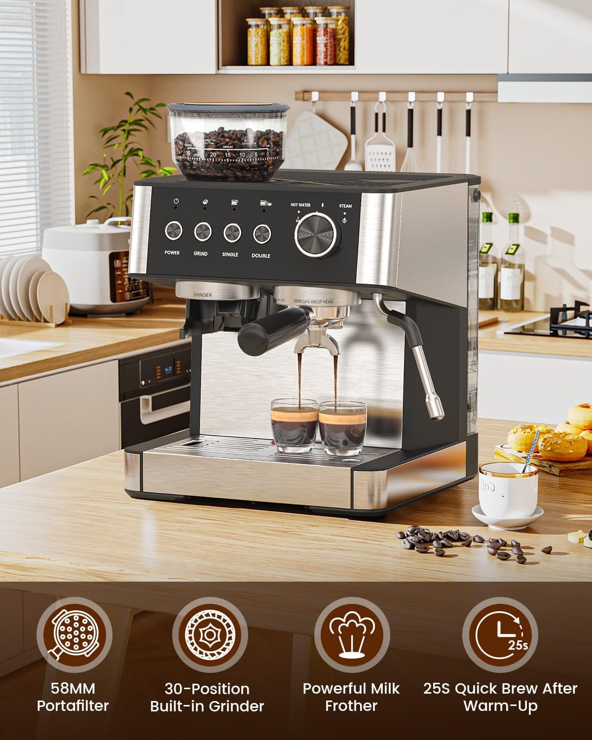 FREE VILLAGE Coffee Maker with Grinder, 20 Bar Expresso Coffee Machines with Milk Frother Steam Wand,Professional Espresso Maker with Removable Water Tank,Cappuccino & Latte Machine for Home