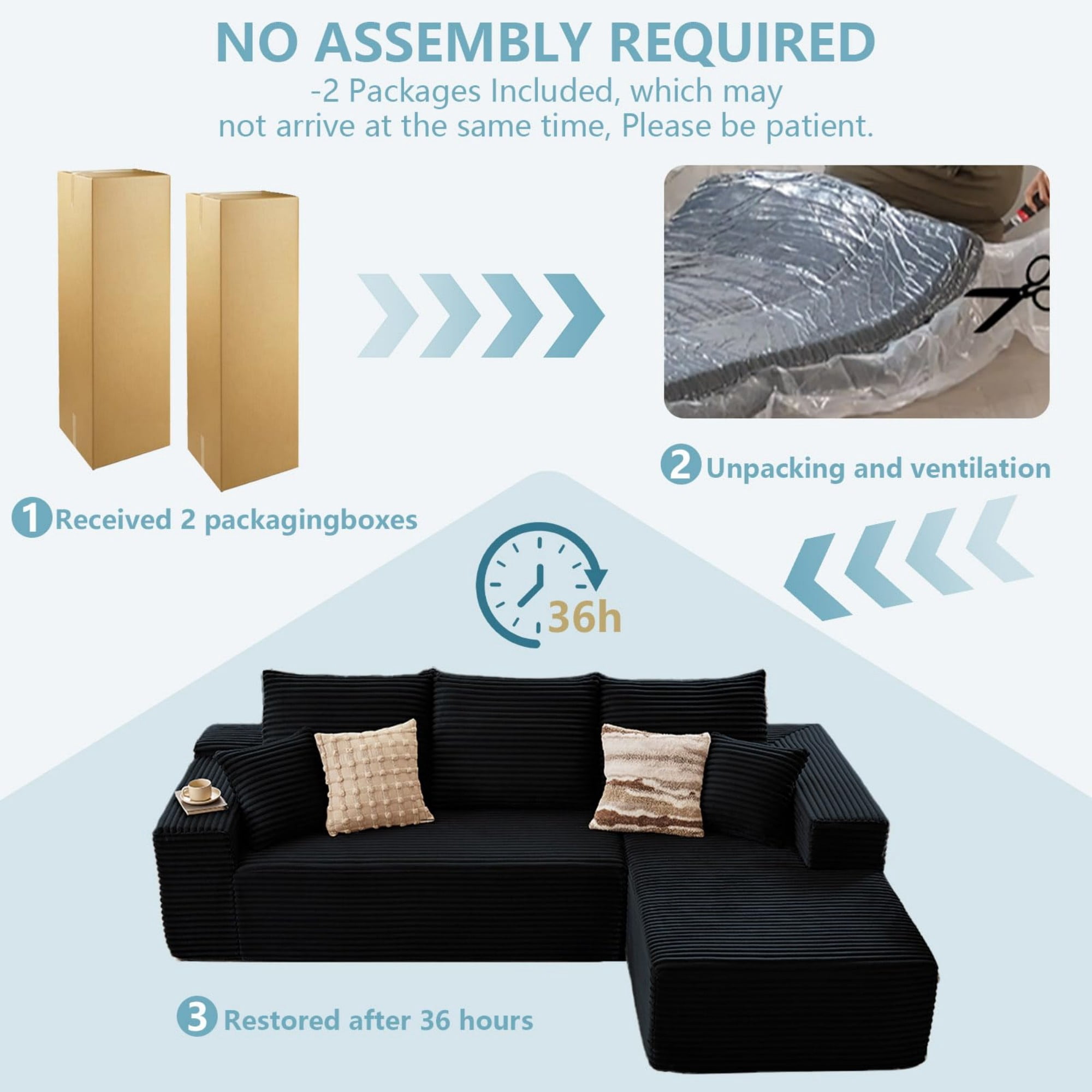 Aukfa 107" Cloud Modular Sectional Couch with Left-Facing Chaise, Corduroy Deep Seat Boneless Sofa for Living Room, Apartment, Black