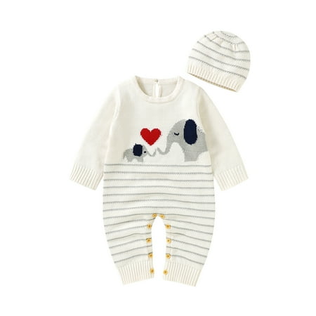 

Mialoley Baby Winter Outfits Long Sleeve Elephant Heart Print Knit Jumpsuit with Beanie Hat