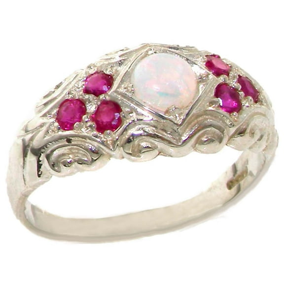 LBG 925 Sterling Silver Real Genuine Opal and Ruby Womens Band Ring - Size 10