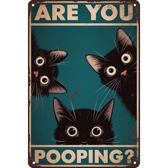 Funny Black Cat Wall Art Metal Sign - "Are You Pooping?" Vintage Bathroom Decor Poster - Retro Gothic Home Decor for Apartment or House, 8 x 12 Inch