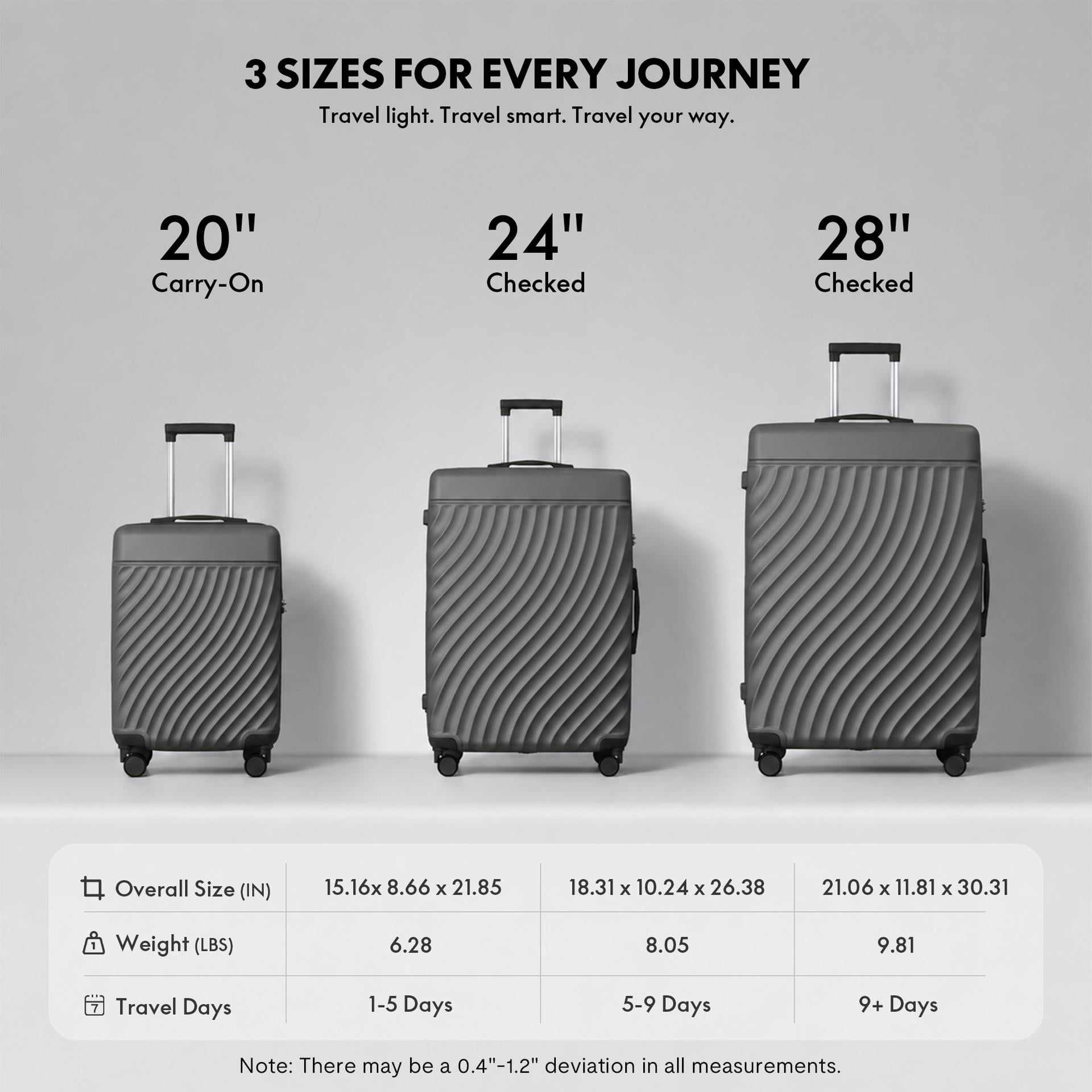 3-Piece ABS Hardshell Luggage Set, Lightweight Durable Suitcases with 4 Silent Spinner Wheels & TSA Lock, Wave-Embossed Scratch-Resistant Shell, 20/24/28 Inch, Ash Grey