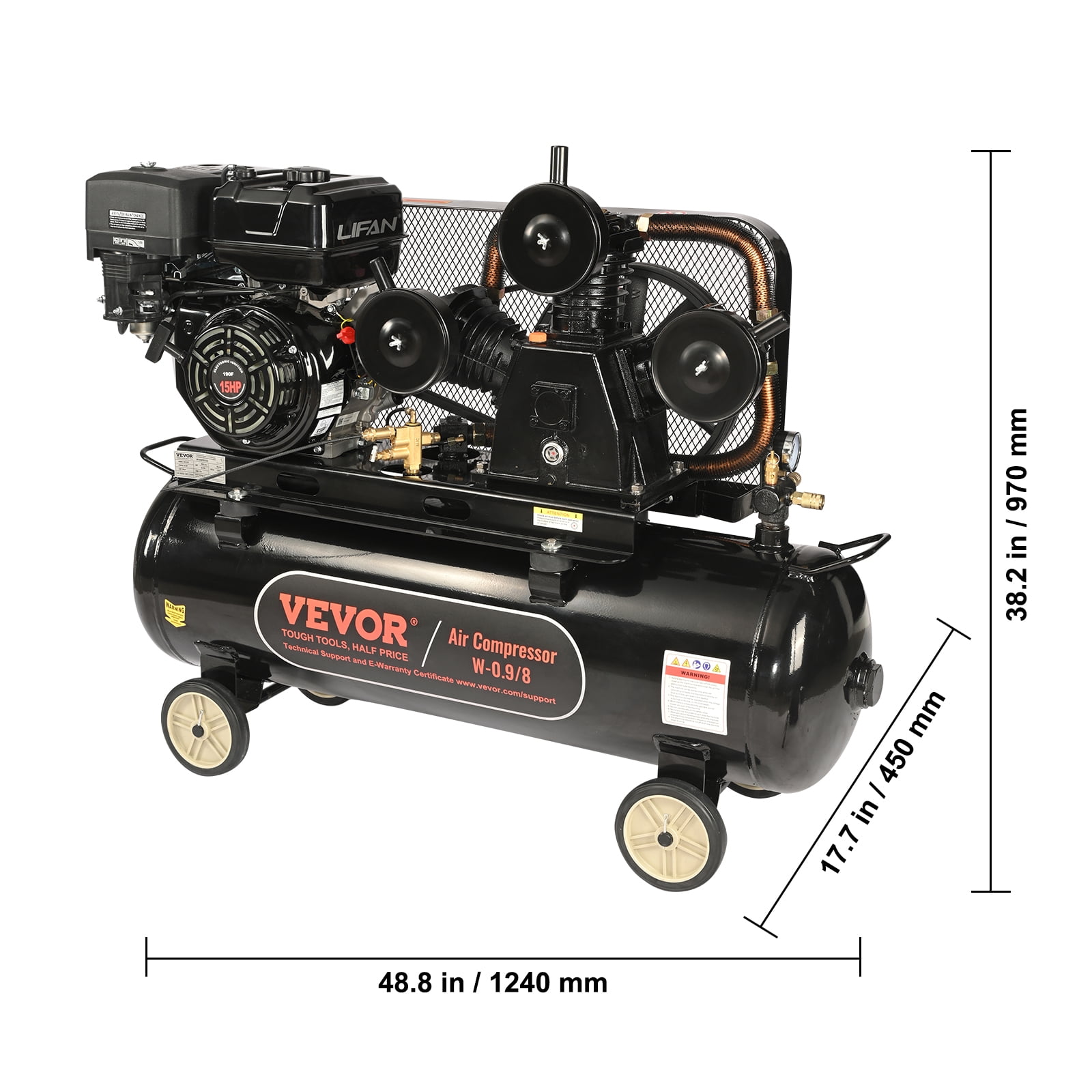 VEVOR 15HP Gas Powered Air Compressor, 30 Gallon Horizontal Air Compressor Tank, 33CFM@115PSI Gas Driven Piston Pump Air Compressed System with 115PSI Max Pressure for Construction Sites Workshop